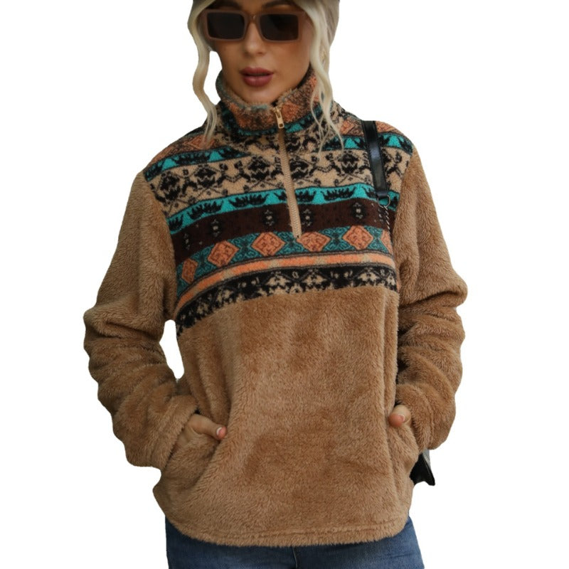 Wholesale Western Style Women's Autumn and Winter Plush Aztec Printed Half-Zip Sweatshirt